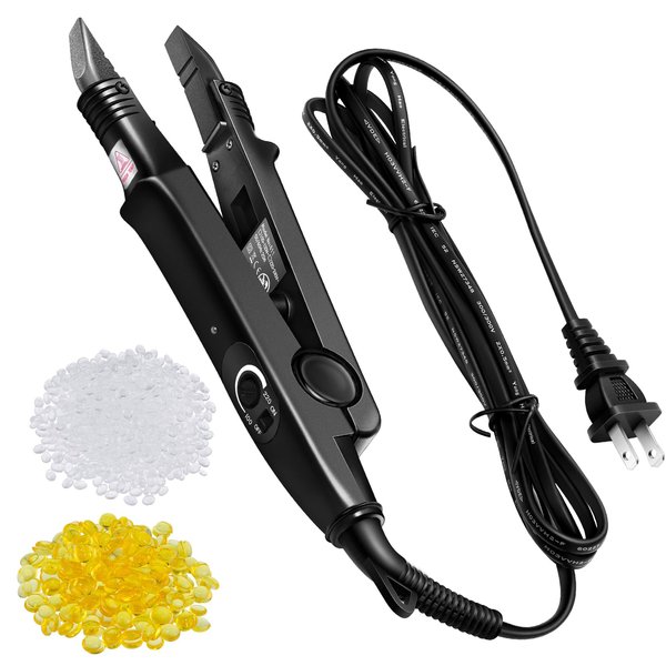 Fusion Hair Extensions Tool US Plug Professional Hair Extensions Tools Heat Iron Connector Wand U Tip Hair Extensions with 2 Bags Keratin Glue Granule Beads for Hair Extensions, B Head (Black)
