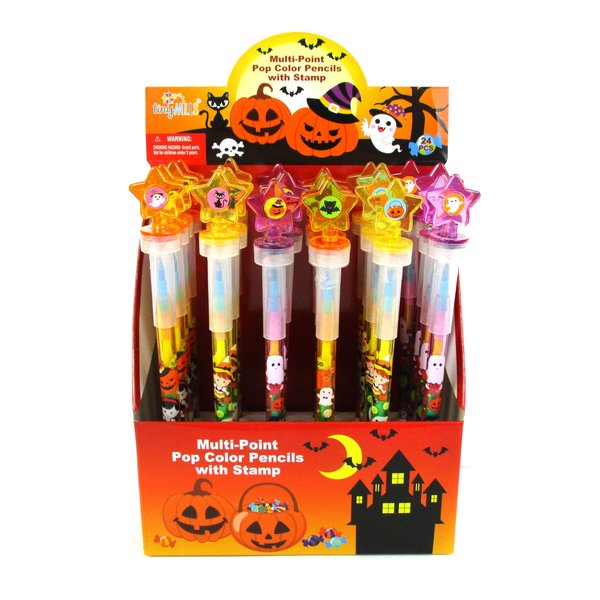TINYMILLS 24 Pcs Halloween 2 in 1 Stackable Stacking Crayon with Extra Stamper Topper, Bulk Halloween Party Favors, Goodie Bag Stuffers, Classroom Rewards Prizes Non Candy Treats