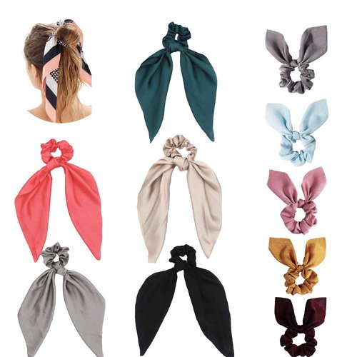 Silk Satin Solid Colors Scrunchie Scarf,10Pcs Ribbon Bow Scrunchies, Including 5 Satin Hair Scarf...