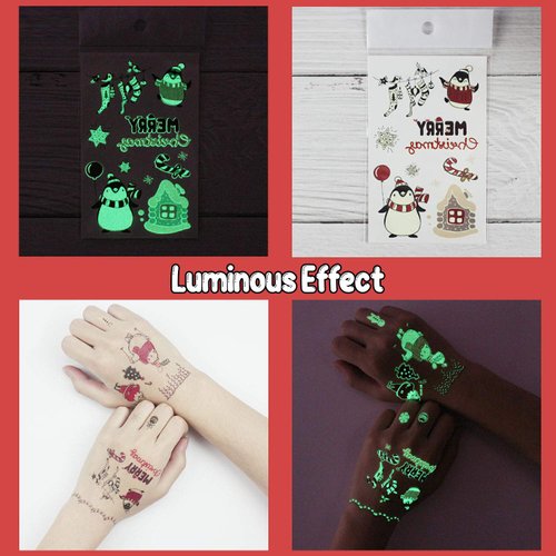 Partywind 10 Sheets Luminous Christmas Temporary Tattoos for Kids Stocking Stuffers, Christmas Party Decorations Supplies Favors for Birthday, Xmas Holiday Stickers Games Toys for Boys Girls