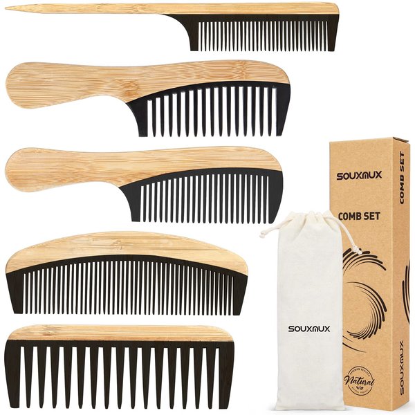 5 Pcs Handmade Bamboo Anti-Static Comb Set for Women and Men - Wide Tooth, Rat Tail, and Fine Tooth Combs for Long, Short, Thick, Thin, Wavy, and Curly Hair Detangling (Natural + Black)