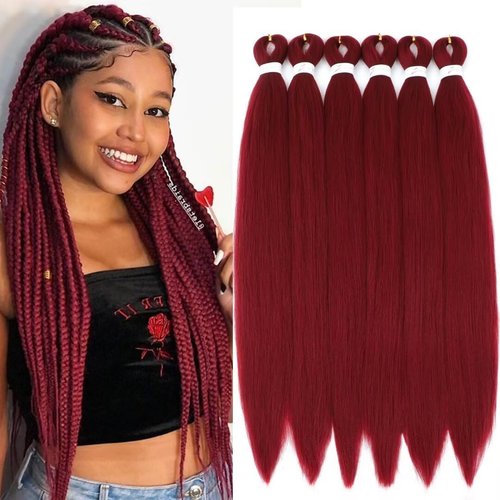 34inch Long Braiding Hair Pre Stretched 6 Packs 110G/Pack Burgundy Easy Braids Yaki Texture Synthetic PreStretched Crochet Hair Extensions For Braiding(#900,6Packs,34inch)