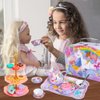 32Pcs Unicorn Tea Party Set for Little Girls Princess Tea Time Toys Playset Including Tin Tea Set Carrying Case Food Sweet Hair Clips and Rings Unicorn Toys Gifts for Kids Age 3 4 5