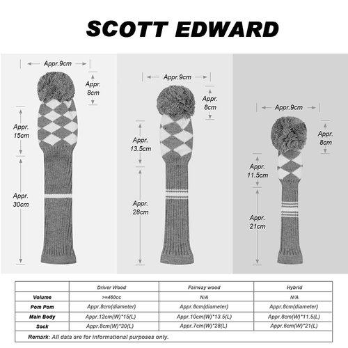 Scott Edward Golf Club Head Covers for Woods and Driver Set of 3 Cutest Pom Pom Fit Over Well Driver Wood(460cc) Fairway Wood and Hybrid(UT) The Perfect Change for Golf Bag