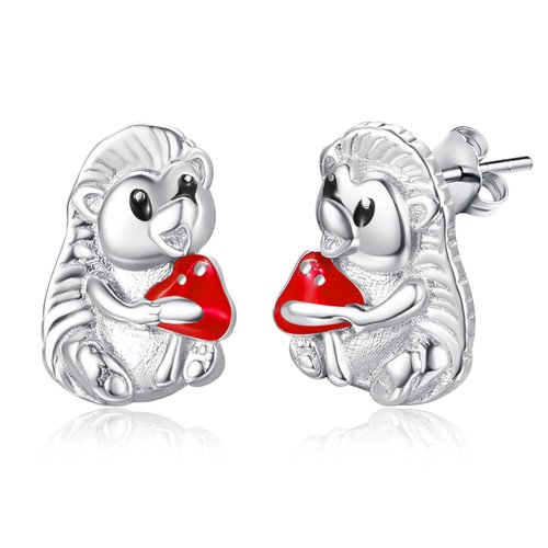 TANGPOET Funny Hedgehog Stud Earrings 925 Sterling Silver Novelty Red Mushroom Earrings Jewelry Gifts for Her Animal Lovers