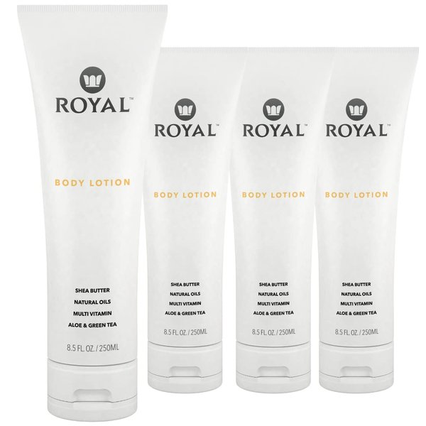 Royal Premium Natural Body Lotion - Face, Hand, Skin Moisturizer Cream - Soothing, Shea Butter, Aloe Vera, Essential Oils, Vitamin E, Green Tea Extract - Non-Greasy, Organic, Vegan 8.5 fl oz. (Pack of 4)