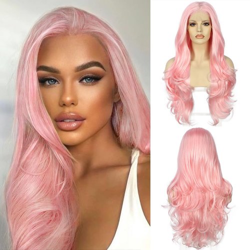 BABEHERS Pink Free Part Lace Front Wigs Synthetic 13x3 Long Wavy Wigs for Women Loose Curly Synthetic Lace Front Wig Wave Heat Resistant 150% Density Light Pink 24 Inch