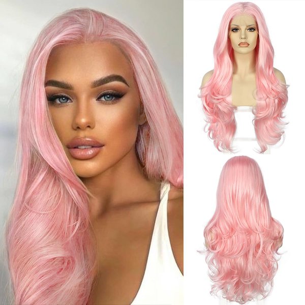 BABEHERS Pink Free Part Lace Front Wigs Synthetic 13x3 Long Wavy Wigs for Women Loose Curly Synthetic Lace Front Wig Wave Heat Resistant 150% Density Light Pink 24 Inch