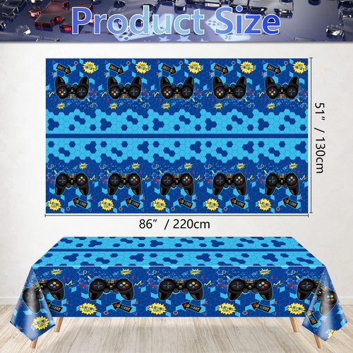 PIXHOTUL 4 Pcs Video Game Party Tablecloths, 51" x 86" Plastic Disposable Table Covers Blue Gaming Birthday Party Decorations for Boys Kids' Gamer Party Supplies