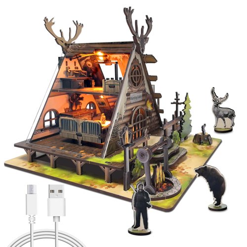 DIY Miniature House Kit with LED - Tiny Dollhouse Cabin with Dust-Proof Acrylic Cover Build Your Own, for Teens and Adults, Home Model Decoration Gift for Office Desk Halloween Boys Girls