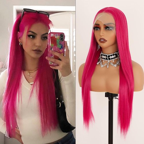 Oxeely Pink Lace Front Wig Long Straight Hot Pink Wig 180% Density Pre Plucked Wig Natural Hairline Glueless Heat Resistant Fiber Hair Synthetic Lace Front Wigs For Fashion Women