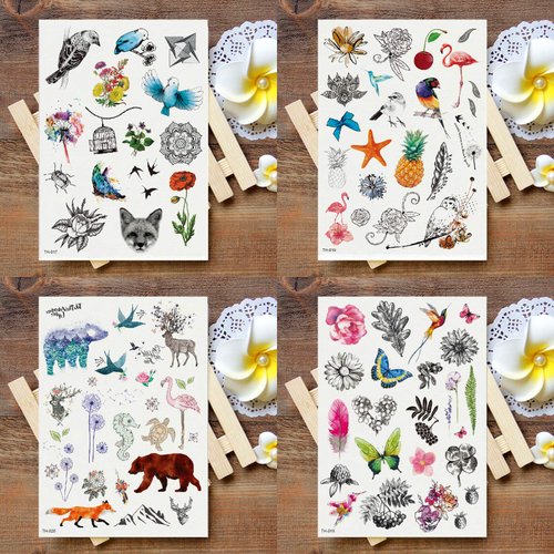 Oottati Waterproof 12 Sheets Summer 100+ Design Watercolor Painting Animal Flowers Leaves Small Fake Temporary Tattoo Stickers