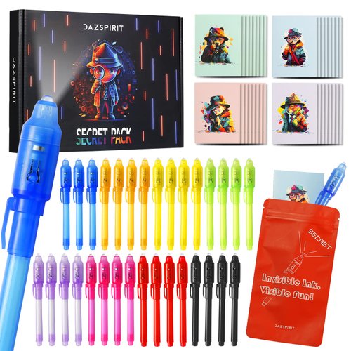 DazSpirit 32Pcs Invisible Ink Pen with UV Light, Mini Notepads & Favor Bags, Spy Pens for Kids, Top Secret Message Magic Marker, Valentines Party Favors, Class Prizes, Detective & Escape Room Themes