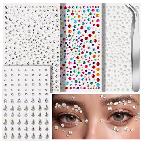 Teenitor Self Adhesive Face Gems and Pearls for Makeup, Festival Jewels for Halloween Makeup, Hair Gems, Rhinestone Stickers for Face, Eye, Makeup, Body