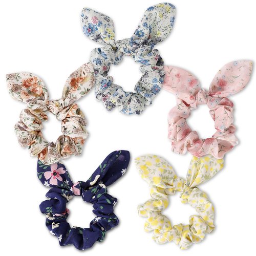 5Pcs Hair Scrunchies for Women,Bunny Ear Scrunchies Hair Ties,Cute Bow Scrunchies for Thick Hair,Colorful Ponytai Holder,Chiffon Hair Band,Hair Accessories for Women Girls