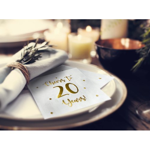 Cheers to 20 Years Cocktail Napkins | Happy 20th Birthday Decorations for Men and Women and Wedding Anniversary Party Decorations | 50-Pack 3-Ply Napkins | 5 x 5 inch Folded (White)