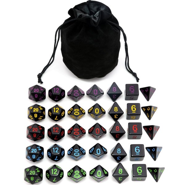 5 Sets New Black Polyhedral Dice with Satin-Lined Velvet Bag for Dungeons and Dragons DND RPG MTG D20 D12 D10 D8 D6 D4