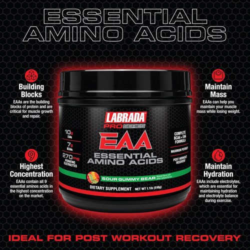 Labrada Pro Series EAA Maximum Potency Essential Amino Acid Hydrating Formula with BCAAs & Elecrolytes Recovery and Performance (Sour Gummy Bear)