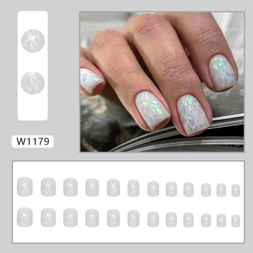 Short Square Press on Nails Aurora Irregular Pattern Designs Fake Nails Full Cover Stick on Nails Acrylic Stick on Nails Reusable Laser Artificial False Nails Glue on Nails for Women 24Pcs
