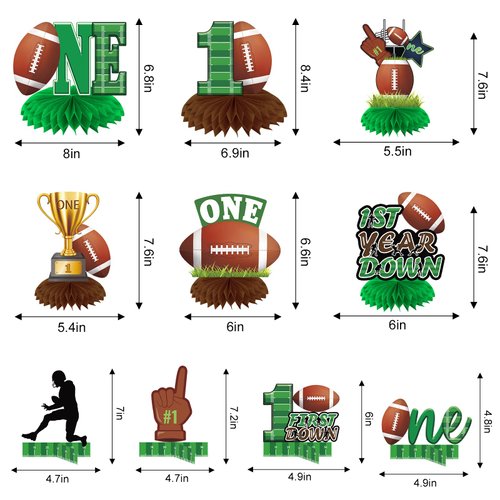 10Pcs Football 1st Birthday Decorations Honeycomb Centerpiece for Boys, First Year Down Football Theme Table Centerpiece Party Supplies, Sports Football One Year Old Birthday Table Topper Sign Decor