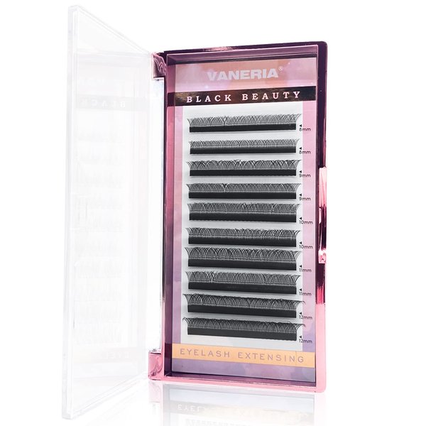 VANERIA Eyelash Extensions Individual Lashes, 0.07-0.15mm, C Curl, 8-13mm Length, Individual Eyelash Extensions for DIY or Professional Salon Use(0.07-C, 8-12mm, YY Style, Volume Type)