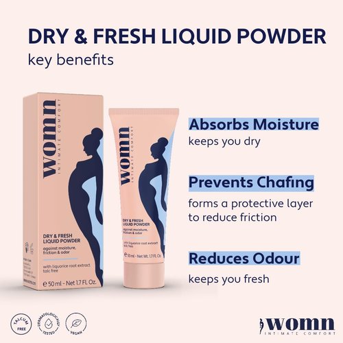 womn Intimate Comfort DRY & FRESH LIQUID POWDER – talc-free liquid body powder against moisture, chafing & odor, 1.7 Fl. Oz.