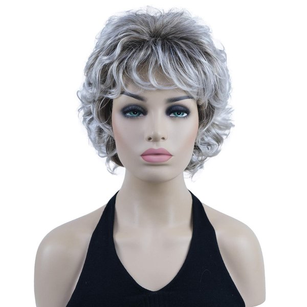 Lydell 10" Women's Short Soft Super Curly Wig Layered Natural Movement Synthetic Wigs (48T Light Gray with Dark Root)
