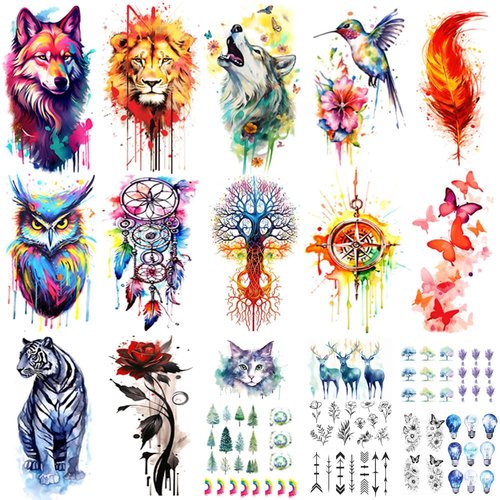 Jctato Watercolor Temporary Tattoos of Beautiful Animals Realistic for Adults, Aesthetic Sleeve Tattoos Half Arm for Women Girls, Long Lasting Fake Tattoos Full Arm for Kids,Wolf
