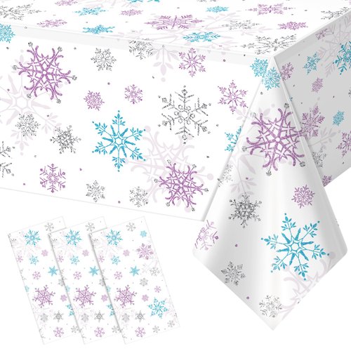 3 Pieces Christmas Snowflake Party Tablecloth Decorations,Plastic Purple and Blue Winter Wonderland Table Cover for Winter Christmas Birthday Holiday Party Decorations and Supplies,54x108 inch