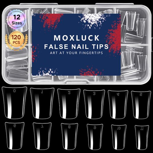 Moxluck Short Duck Nail Tips Full Cover,Clear Curved False Nail Tips 120Pcs Duck Acrylic Nails, Wide Short French Fake Nails For Extensions Home DIY Nail Tips Art 12 Sizes