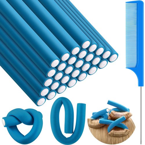30 Pieces Flexible Curling Rods Twist Foam Hair Rollers Soft Foam No Heat Hair Rods Rollers and 1 Steel Pintail Comb Rat Tail Comb for Women Girls Long and Short Hair (Blue, 7 x 0.7 Inch)