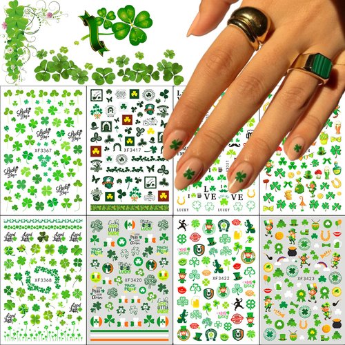 8 Sheets St Patrick’s Day Nail Art Stickers 3D Shamrock Nail Decals Green Irish Clover Nail Supplies Holographic Four-Leaf Clovers Eucalyptus Nail Designs Nail Decorations for Women Girls Manicure DIY