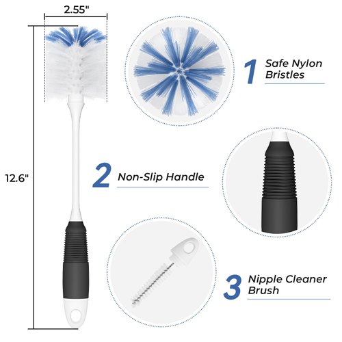 Amazer Bottle Brush Cleaner, Long Flexible Handle Bottle Brush Scrub for Water Bottles, Glasswares, Tumblers, Travel Coffee Mugs, 2 Pack