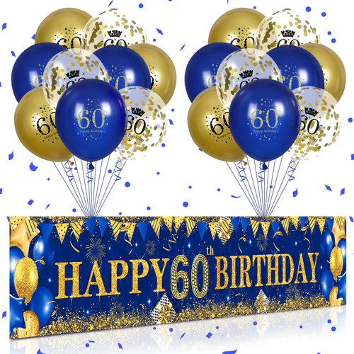60th Birthday Decorations for Men Women Navy Blue and Gold 60th Birthday Yard Banner and 18 PCS 60th Birthday Balloons Birthday Party Supplies for Anniversary Birthday Party Indoor Outdoor Yard Decor