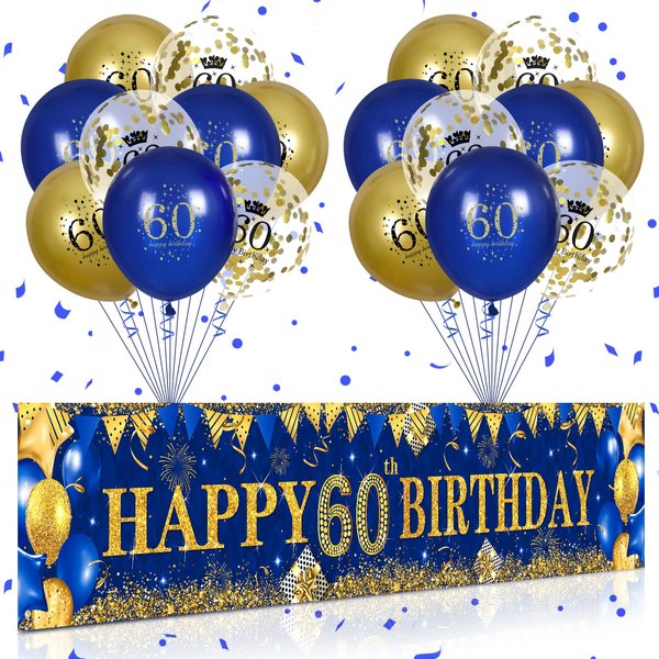 60th Birthday Decorations for Men Women Navy Blue and Gold 60th Birthday Yard Banner and 18 PCS 60th Birthday Balloons Birthday Party Supplies for Anniversary Birthday Party Indoor Outdoor Yard Decor
