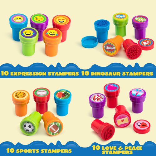 100 Pcs Assorted Stamps for Kids Self-Ink Stamps (50 Different Designs, Dinosaur, Zoo Safari Stampers) for Party Favor, Carnival Prizes, School, Easter Egg Stuffers, Halloween, Christmas