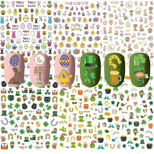 St. Patrick's Day Easter Nail Art Stickers Decals, 6 Sheets Shamrock Four Leaf Clover Bunny Egg Nail Stickers Decorations Accessories for Women Girls Kids 3D Self-Adhesive