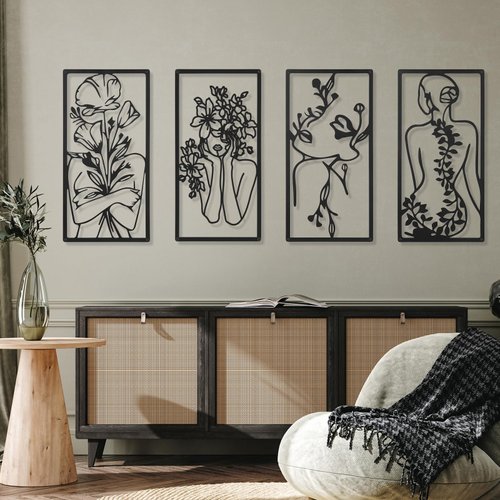 4 Pcs Metal Minimalist Abstract Woman Wall Art Line Drawing Wall Art Decor Single Line Art Female Home Hanging Wall Art for Bedroom Kitchen Bathroom Living Room (Black, Fresh)