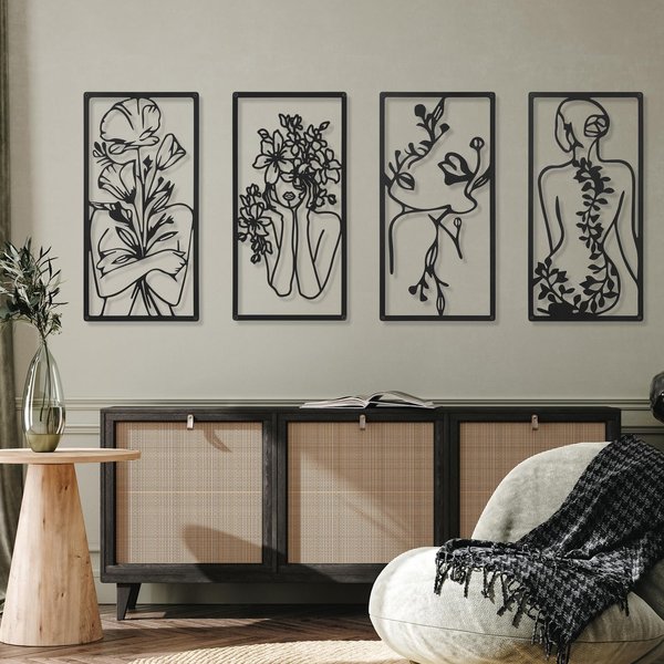 4 Pcs Metal Minimalist Abstract Woman Wall Art Line Drawing Wall Art Decor Single Line Art Female Home Hanging Wall Art for Bedroom Kitchen Bathroom Living Room (Black, Fresh)