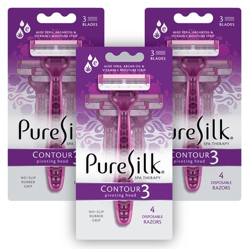 Pure Silk Contour 3 Premium Disposable Razor Value Pack Bundle (3 Packs/12 Total Razors)