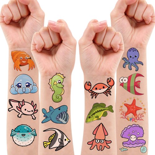 Under The Sea Temporary Tattoos 10 Sheets 110 PCS Ocean Animals Party Decorations Favors Supplies Summer Theme Birthday Cute Stickers Christmas Gifts for Boys Girls Class School Prizes Carnival