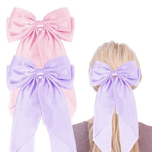 Hoyols Pink Hair Bow Clips for Women Girls Hair Barrettes Accessories, Long Ribbon Satin Hairbows Hair Clips for School Girl's Hair Styling Bowknot Hair Pins 2pcs Purple (Lilac & Pink)