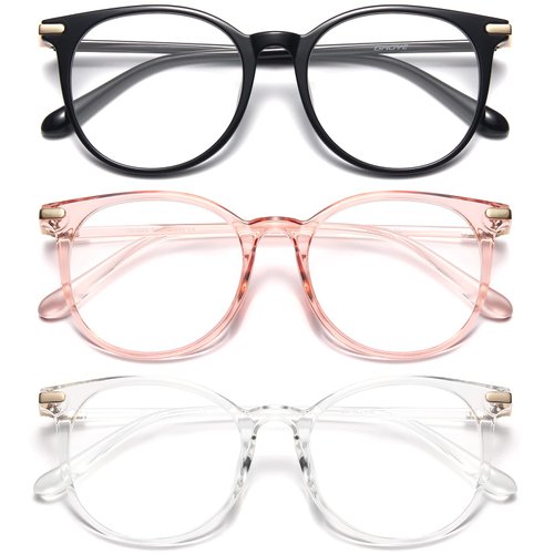 Gaoye 3 Pack Blue Light Blocking Glasses, Retro Round Eyewear Frame Anti Eyestrain Computer Glasses for Women Men - GY1688 (Black+Pink+Transparent)