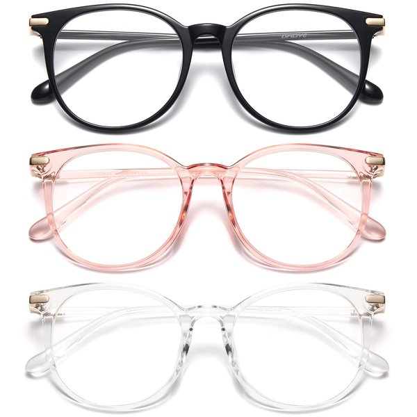 Gaoye 3 Pack Blue Light Blocking Glasses, Retro Round Eyewear Frame Anti Eyestrain Computer Glasses for Women Men - GY1688 (Black+Pink+Transparent)
