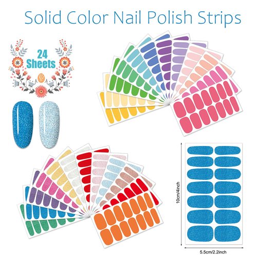 JERCLITY 336 Pieces 24 Sheets Vibrant Solid Color Nail Polish Strips Colorful Nail Wraps for Short Nails with Nail File Self-Adhesive Gel Nail Strips Stick On Nail Stickers Full Nail Wraps for Women