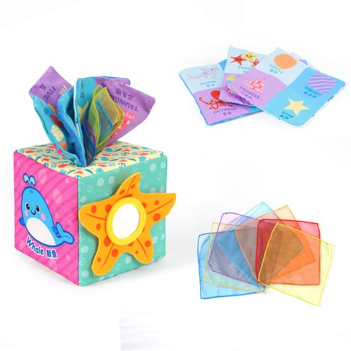 Baby Square Tissue Box Toy, Baby Sensory Toys Musical Toys Montessori Toys Crinkle Toys Colorful Soft Scarf Box for 6 9 12 Months Toddlers Infants Newborns Gift(Sea)