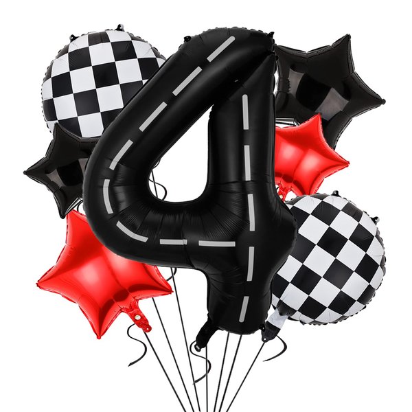 Race Car Birthday Party Balloons,40 Inch Big Mylar Foil Racetrack Number Balloon 4 Black for Boys 4th Birthday Party Decorations,Race Car Theme Party Decorations Supplies 9 Pcs Set