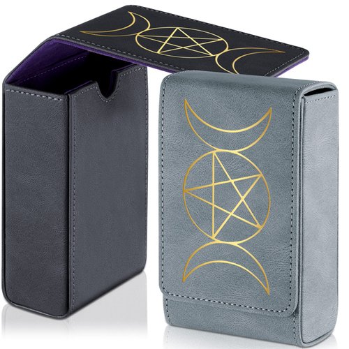 2 Packs Tarot Card Case Holder Leather Sun Moon Design Tarot Card Box Grey Black Tarot Deck Holder Universal Game Tarot Deck Box Tarot Organizer Storage Box for Most Standard Size Tarot Cards