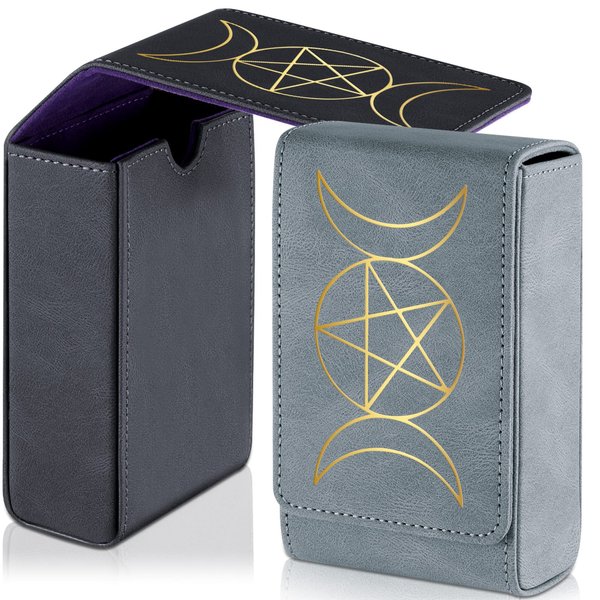 2 Packs Tarot Card Case Holder Leather Sun Moon Design Tarot Card Box Grey Black Tarot Deck Holder Universal Game Tarot Deck Box Tarot Organizer Storage Box for Most Standard Size Tarot Cards