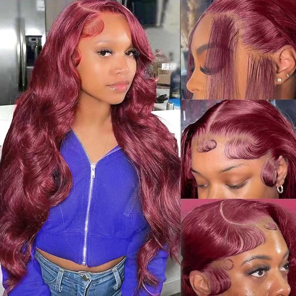 WUANYO 99j Burgundy Lace Front Wigs Human Hair Pre Plucked 180% Density Body Wave 13x6 Lace Front Wigs Human Hair HD Transparent Lace Frontal Wigs Human Hair for Women Wine Red Colored 24inch